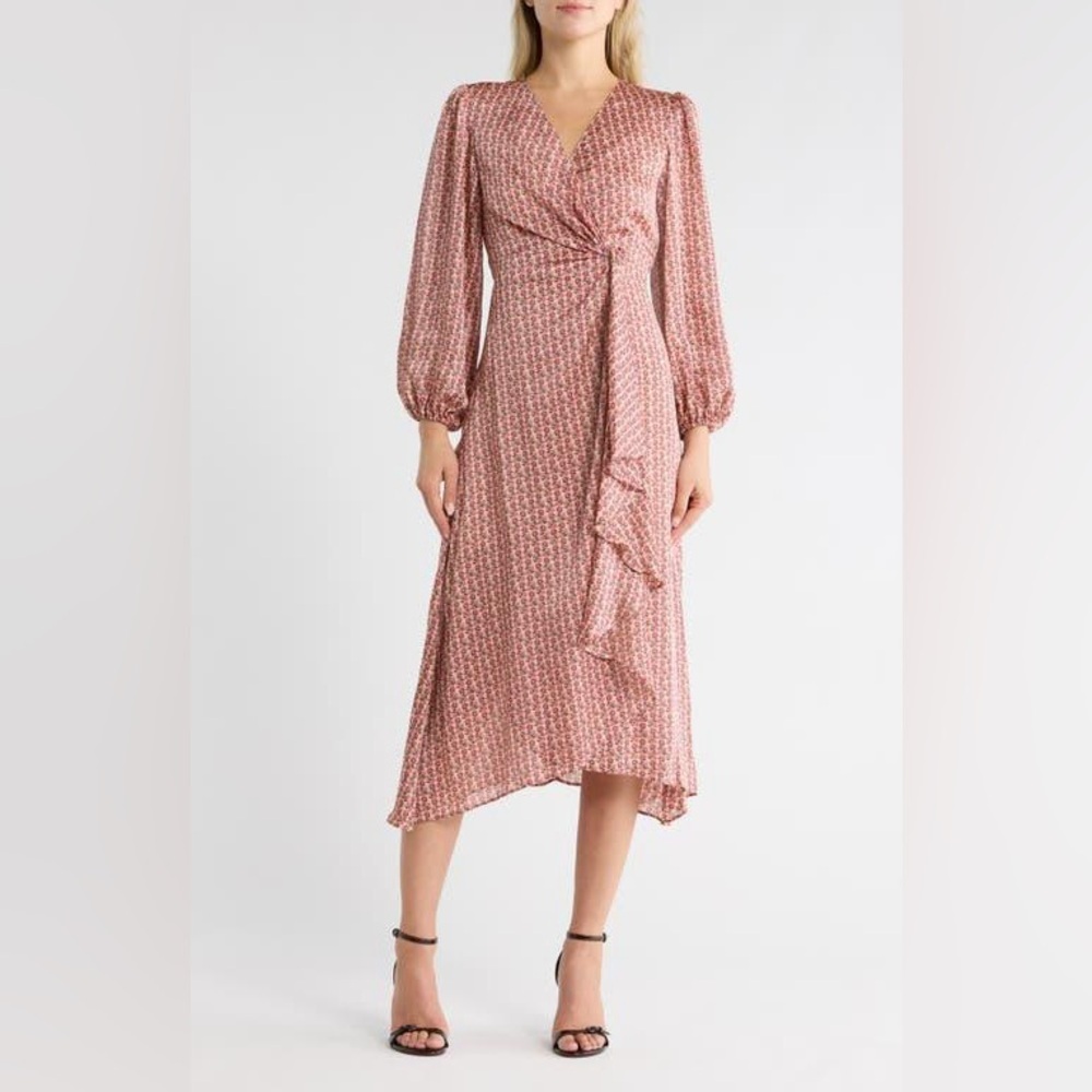 Maje Pink Mini Fleurs Floral Wrap Midi Dress Size 34 NWT